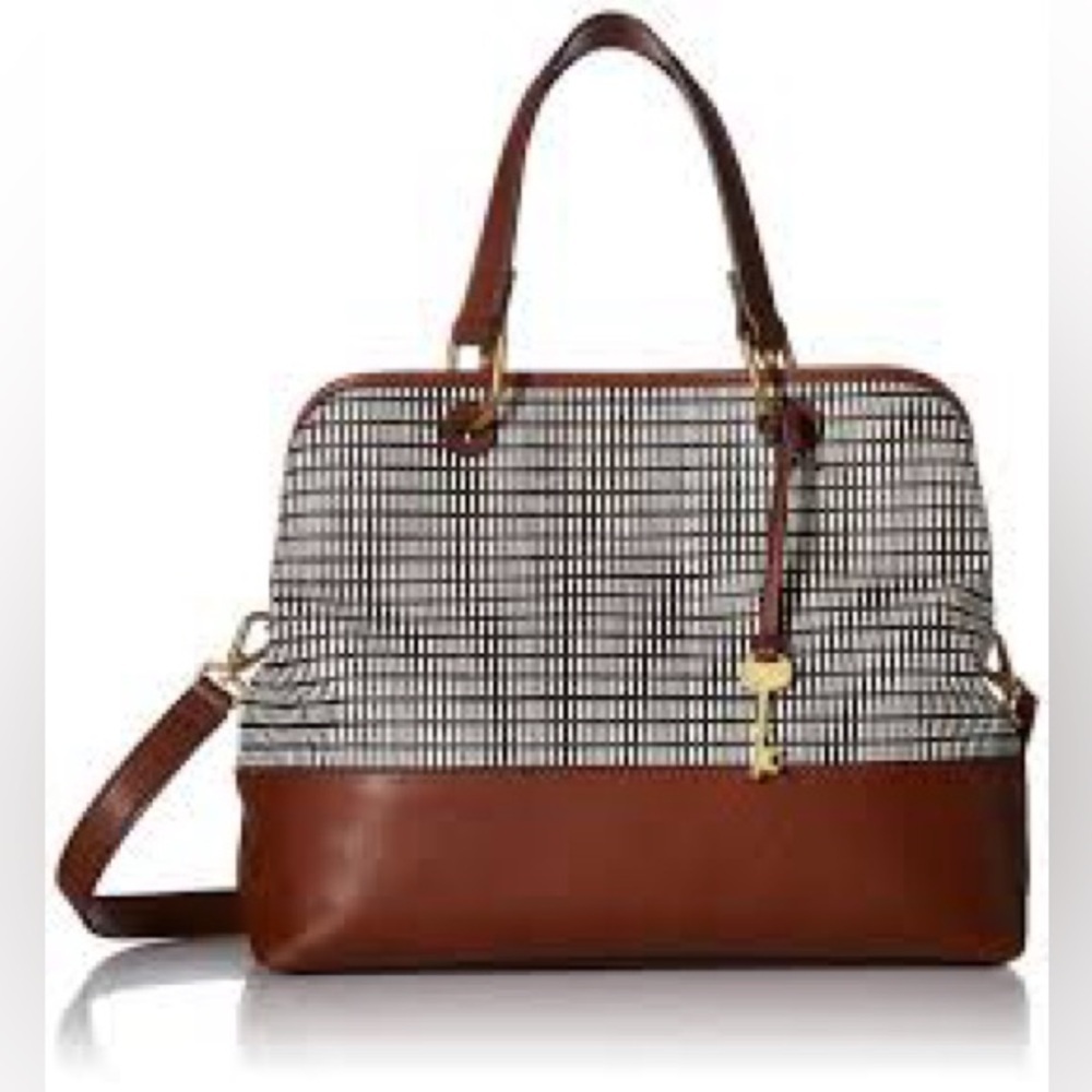 Fossil Brown & Black/White Pattern Leather Satchel